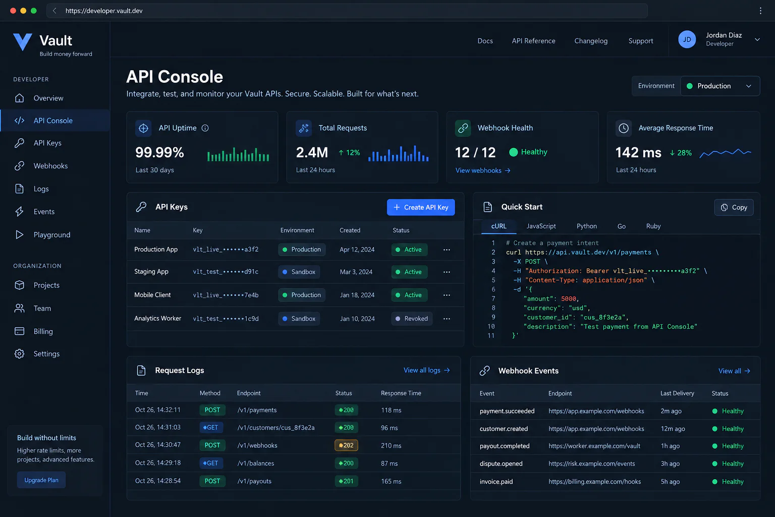 Vault developer API console and request logs