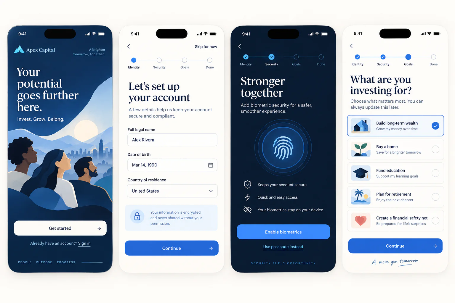 Apex Capital onboarding, security, and goals flow