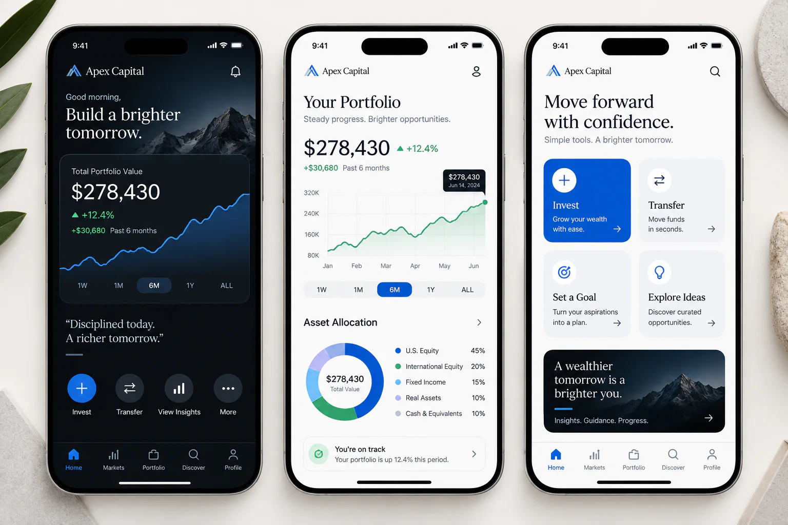 Apex Capital mobile portfolio home screens