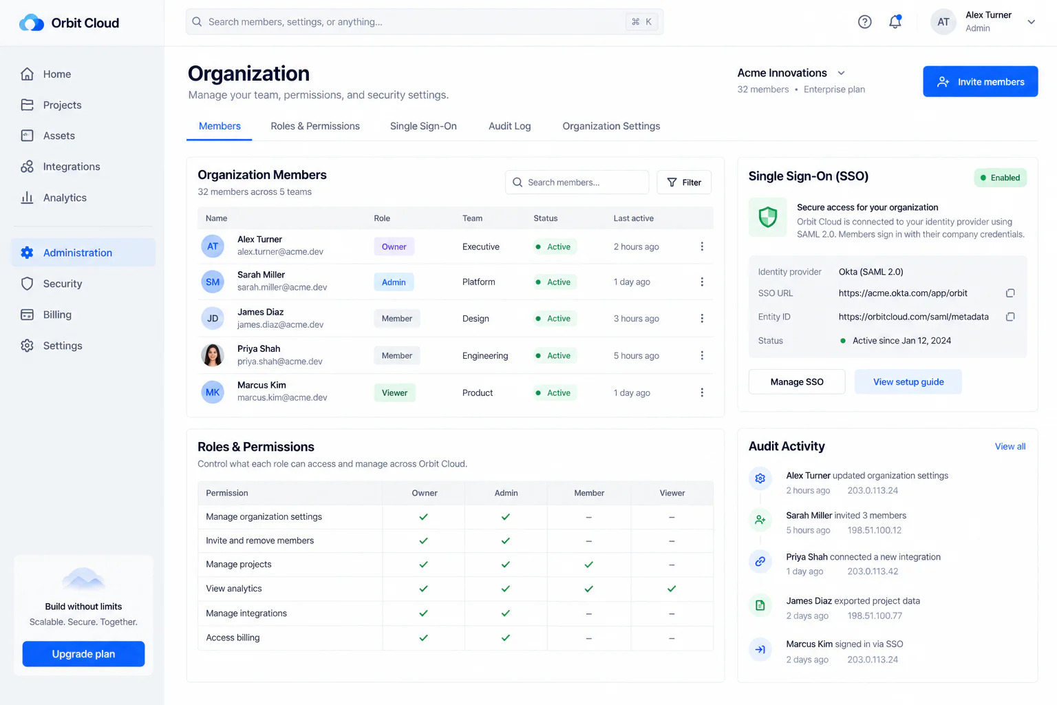 Orbit Cloud organization, permissions, and security administration